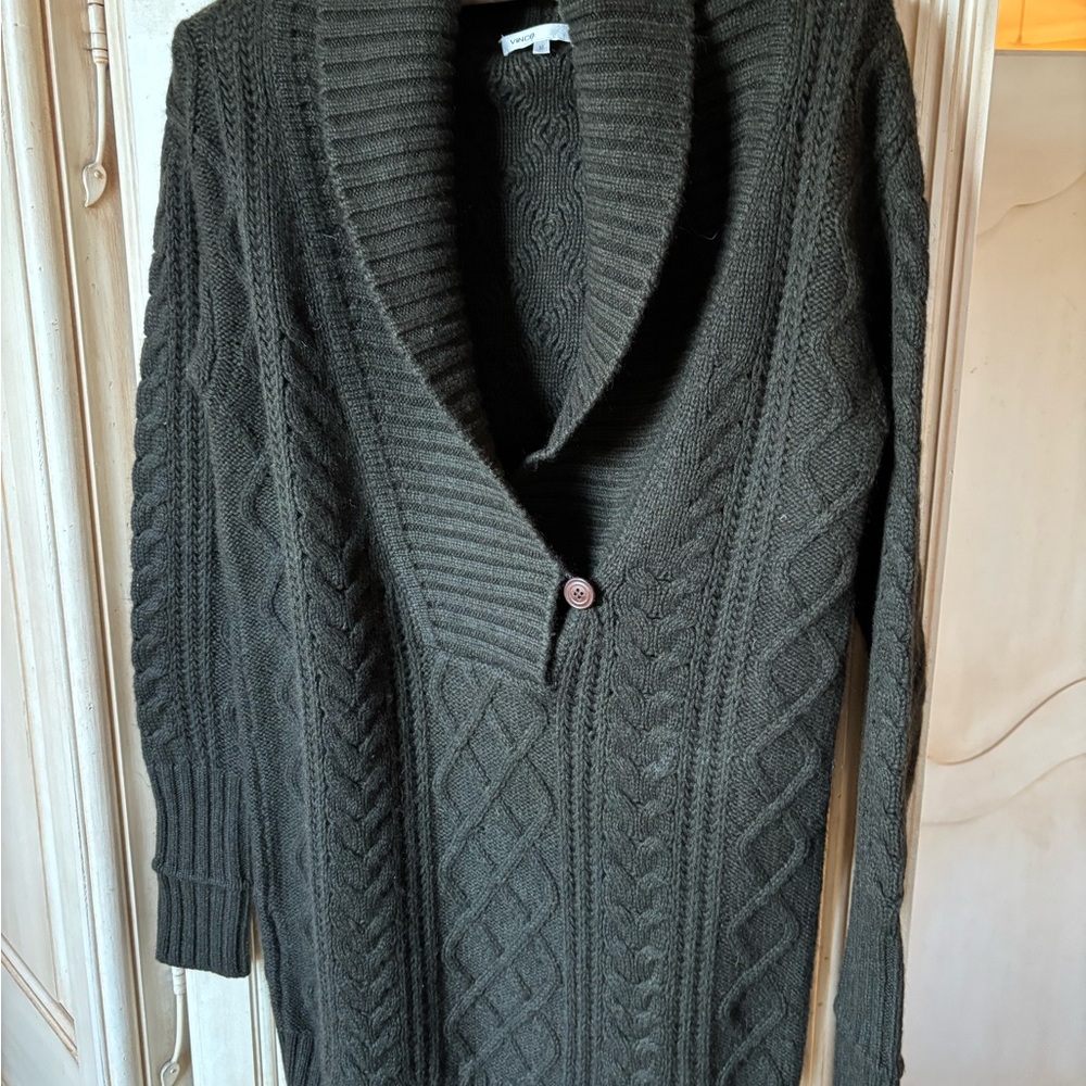VINCE Cashmere-Blend Shawl Collar Sweater in Deep Olive Size M